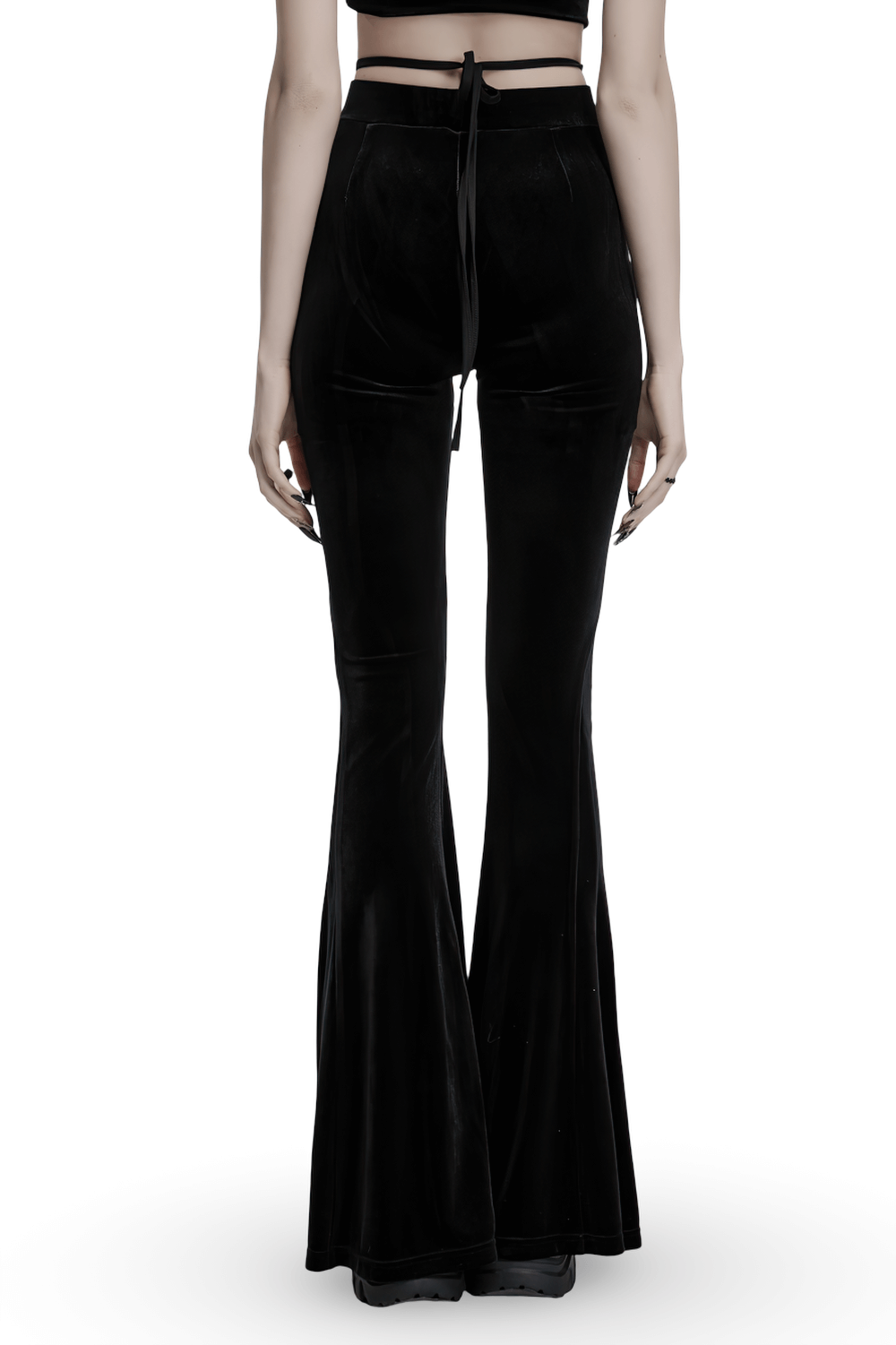 Gothic Black Velvet Flared Pants with Mesh Cutouts