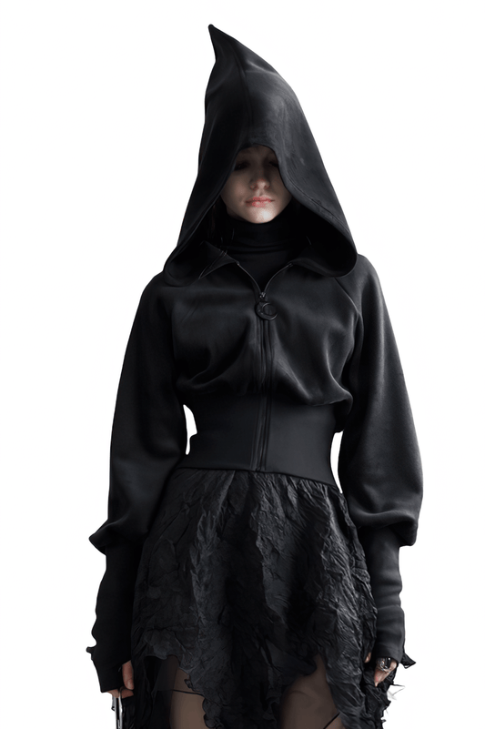 Gothic Black Velvet Hoodie with Pointed Wizard Hood