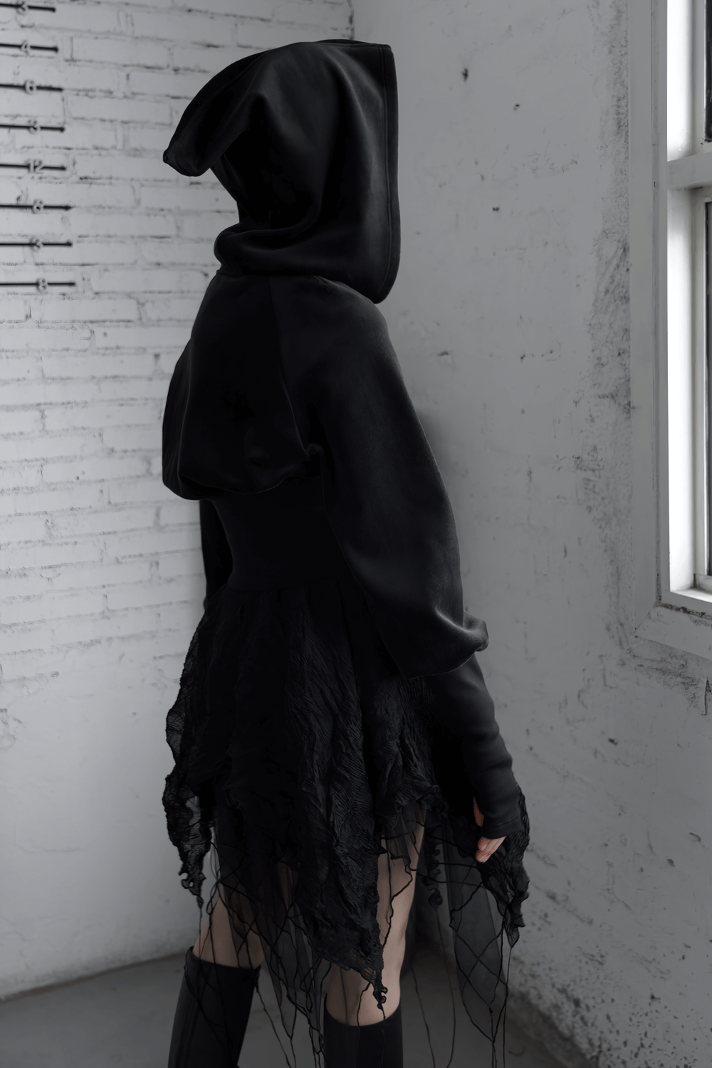 Gothic Black Velvet Hoodie with Pointed Wizard Hood