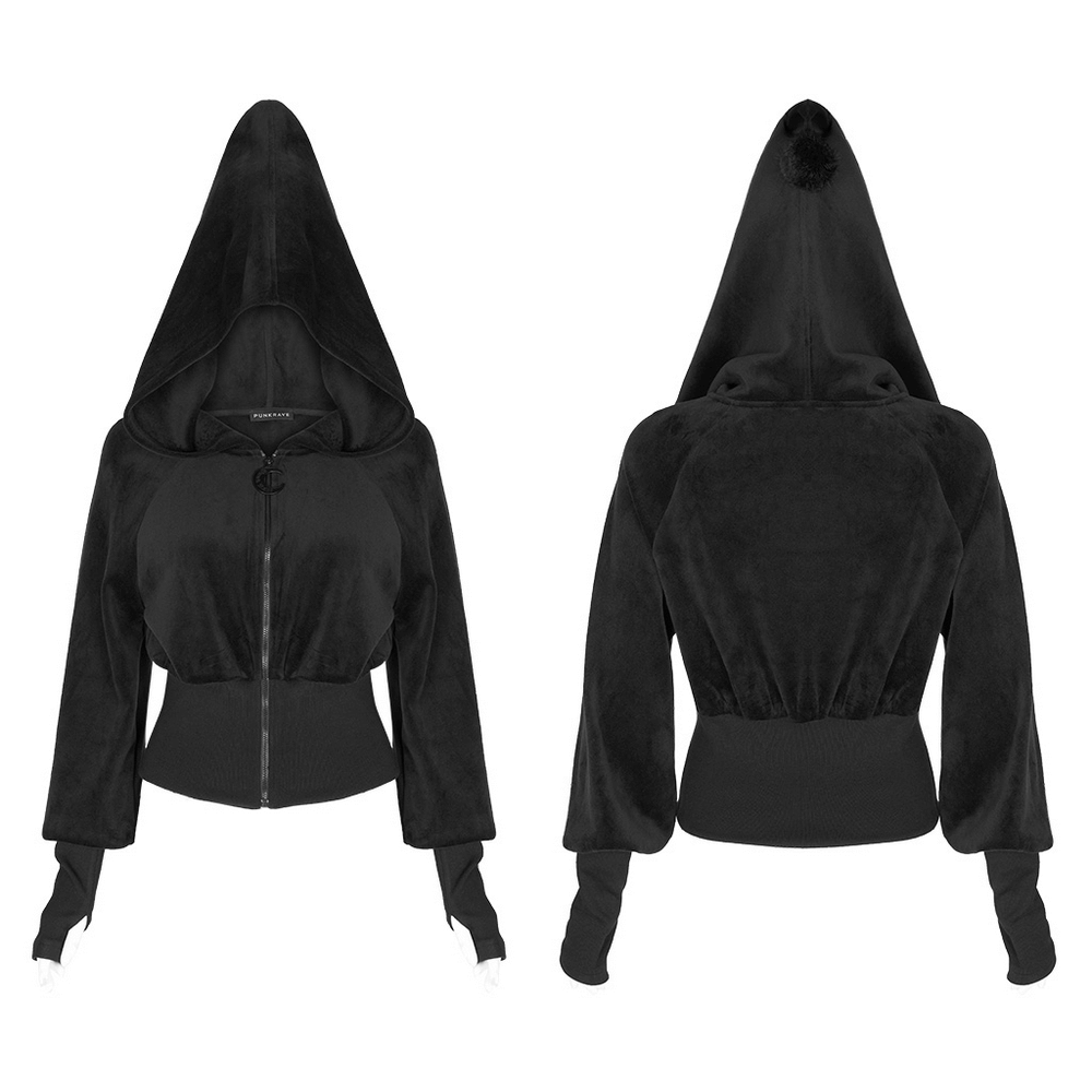 Gothic Black Velvet Hoodie with Pointed Wizard Hood