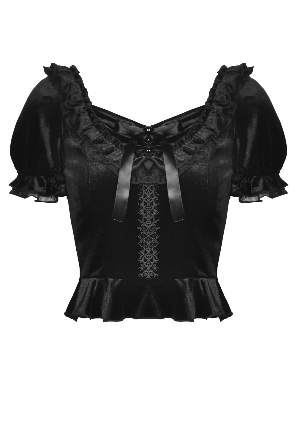Gothic Black Velvet Puff Sleeved Top with Lace-Up Detail