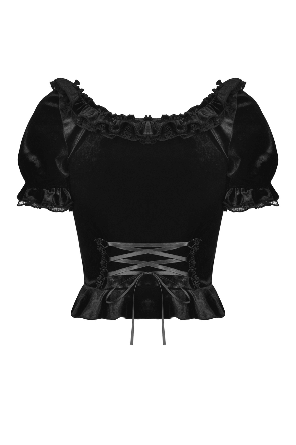 Gothic Black Velvet Puff Sleeved Top with Lace-Up Detail
