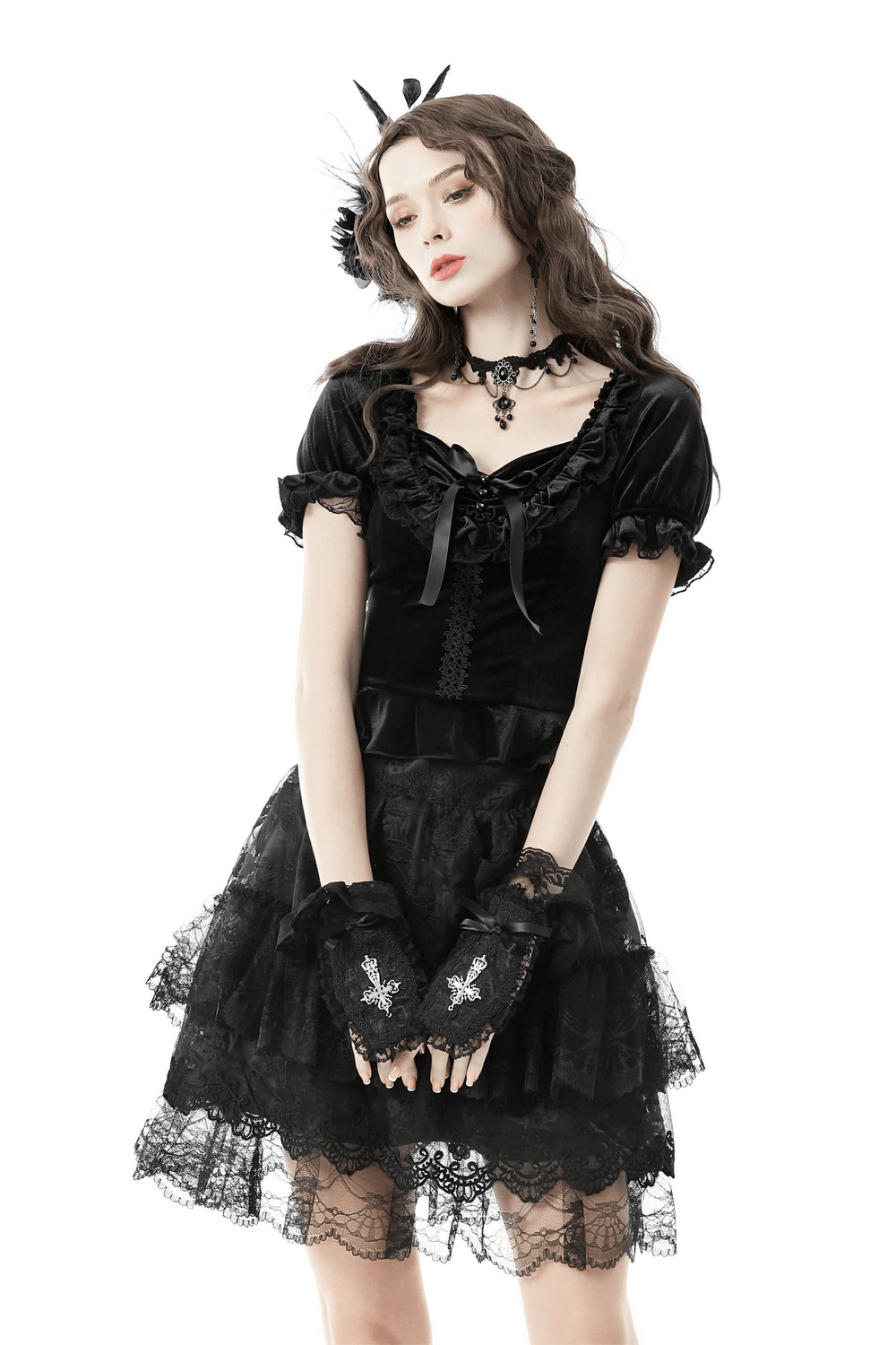 Gothic Black Velvet Puff Sleeved Top with Lace-Up Detail
