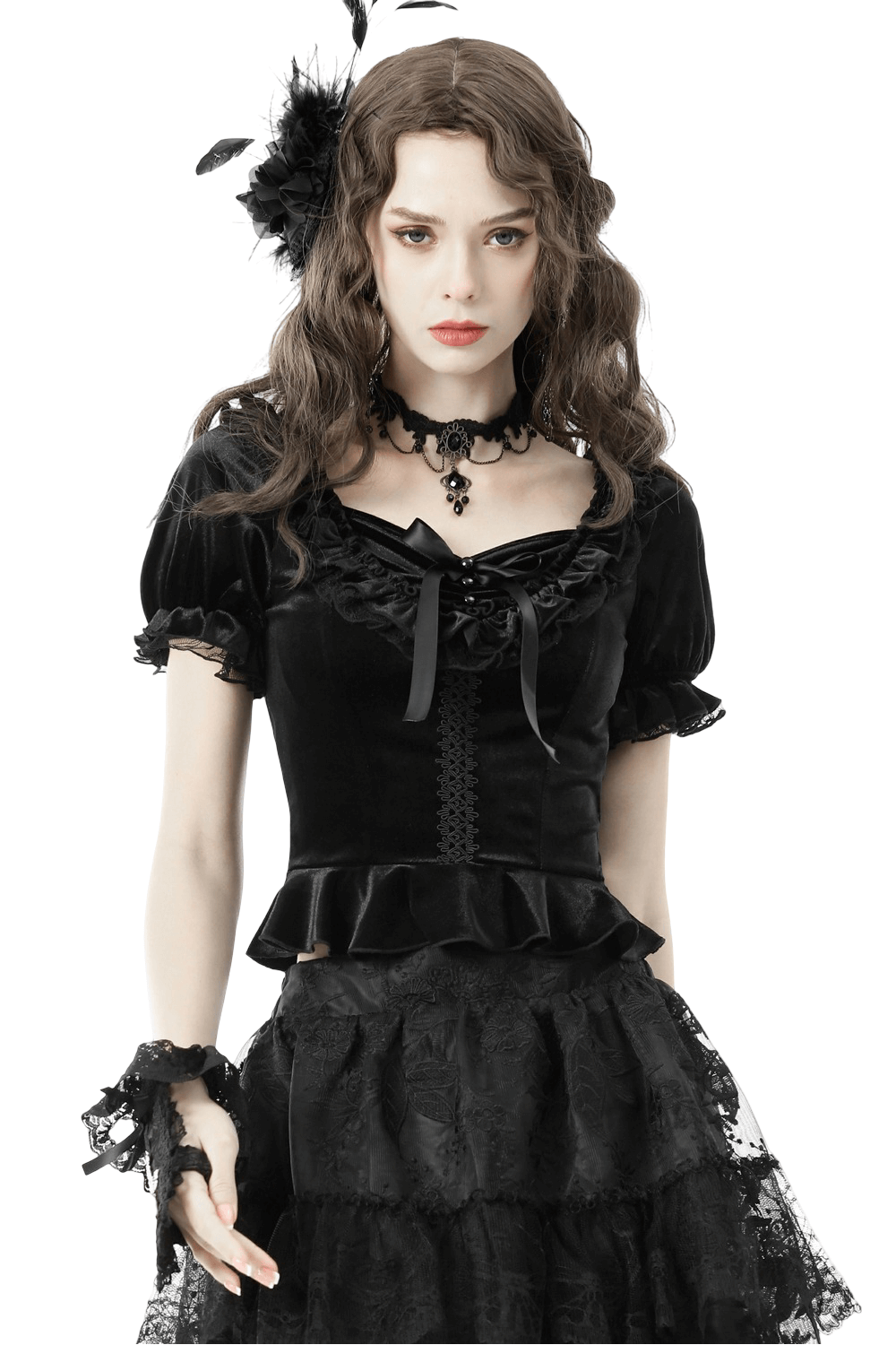 Gothic Black Velvet Puff Sleeved Top with Lace-Up Detail