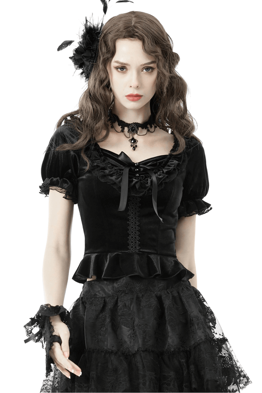Gothic Black Velvet Puff Sleeved Top with Lace-Up Detail