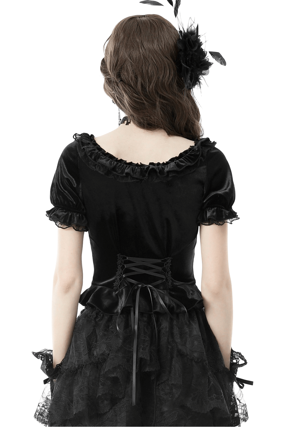 Gothic Black Velvet Puff Sleeved Top with Lace-Up Detail