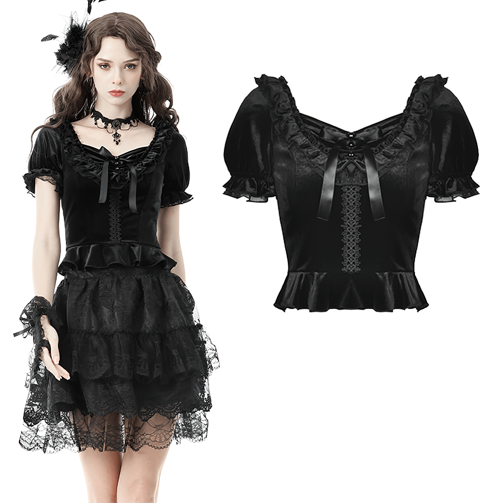 Gothic Black Velvet Puff Sleeved Top with Lace-Up Detail