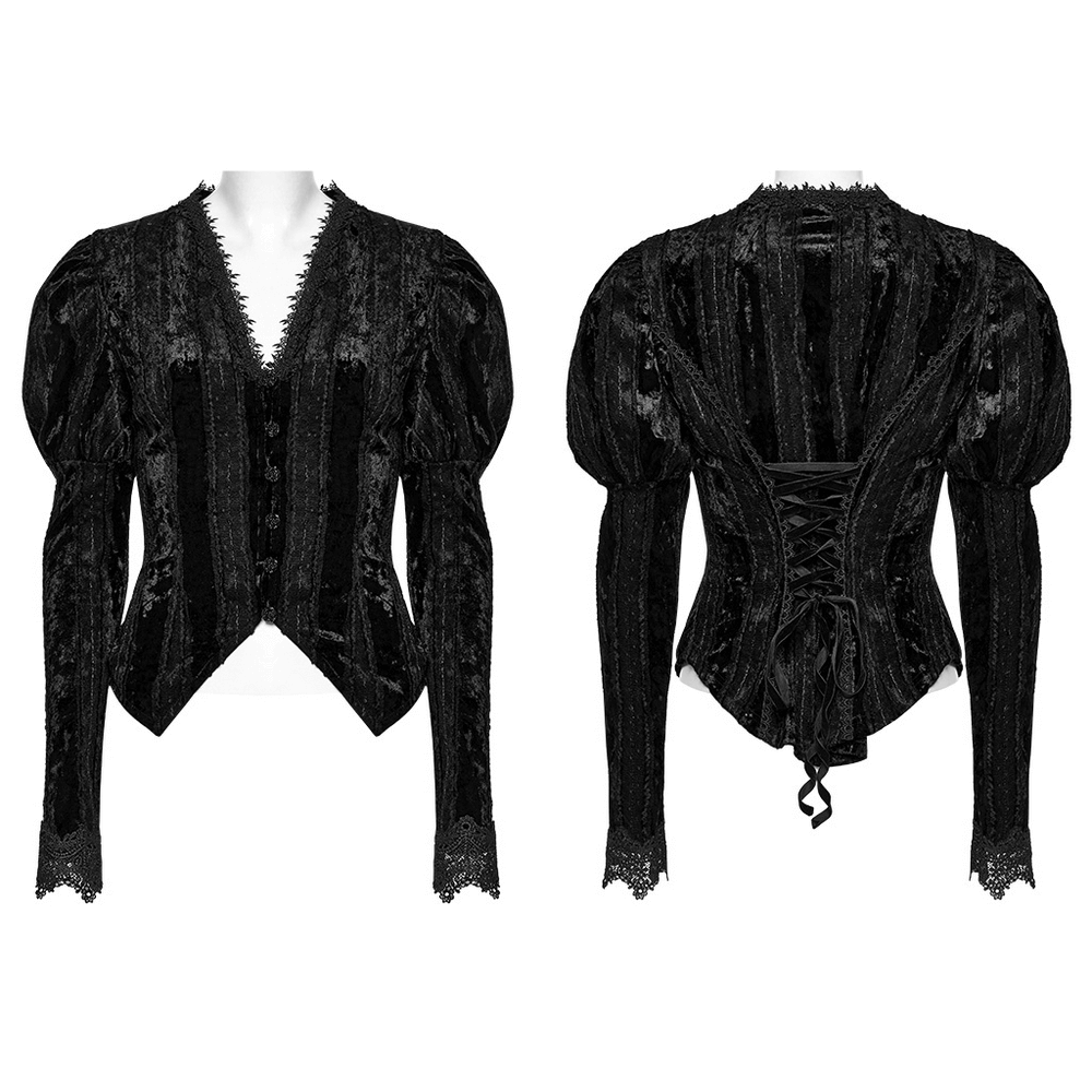 Gothic Black Velvet Shirt with Gigot Sleeves and Lacing