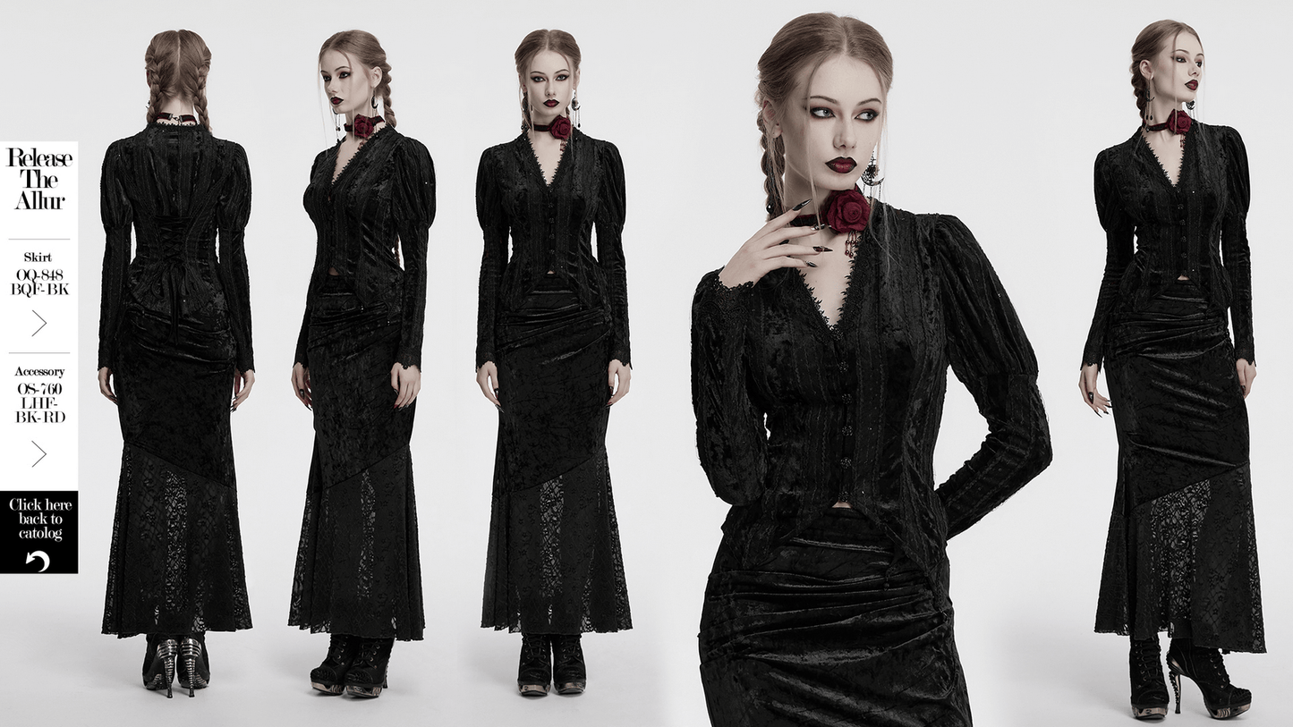 Gothic Black Velvet Shirt with Gigot Sleeves and Lacing