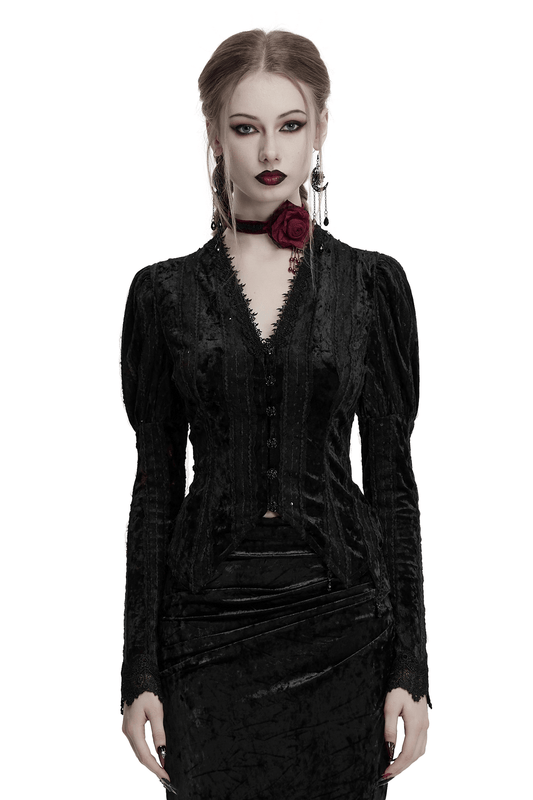 Gothic Black Velvet Shirt with Gigot Sleeves and Lacing