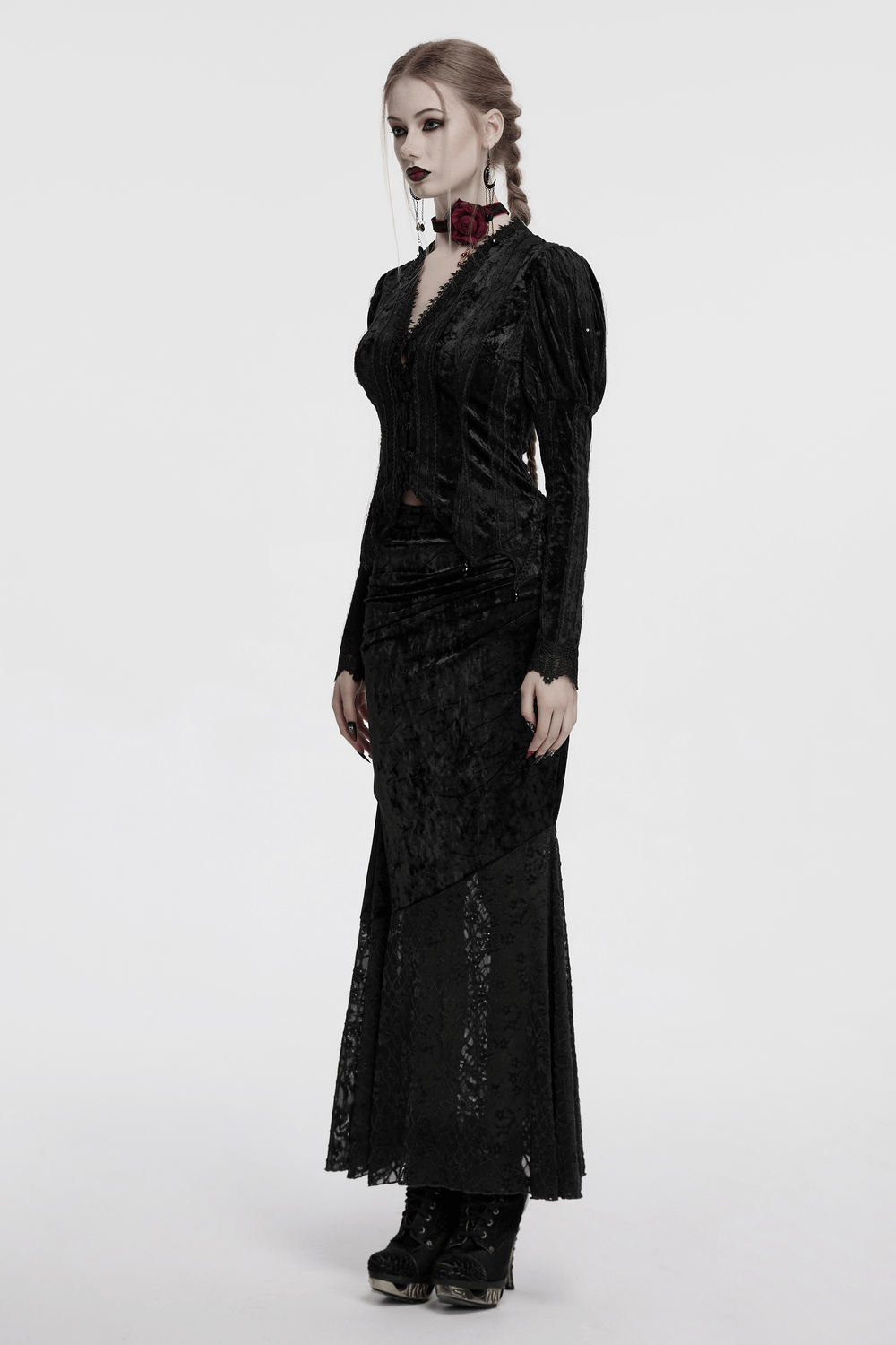 Gothic Black Velvet Shirt with Gigot Sleeves and Lacing