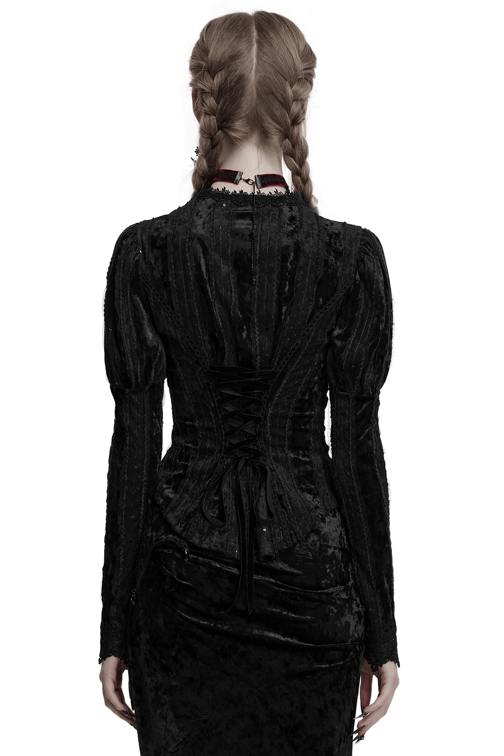 Gothic Black Velvet Shirt with Gigot Sleeves and Lacing