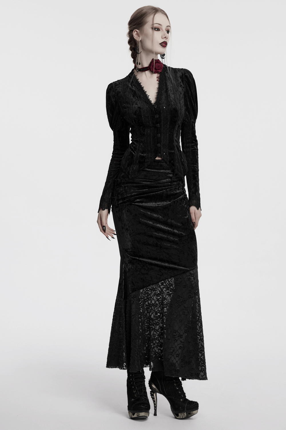 Gothic Black Velvet Shirt with Gigot Sleeves and Lacing