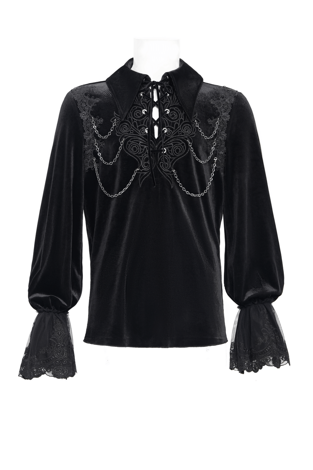 Gothic Black Velvet Shirt with Lace and Chain Details