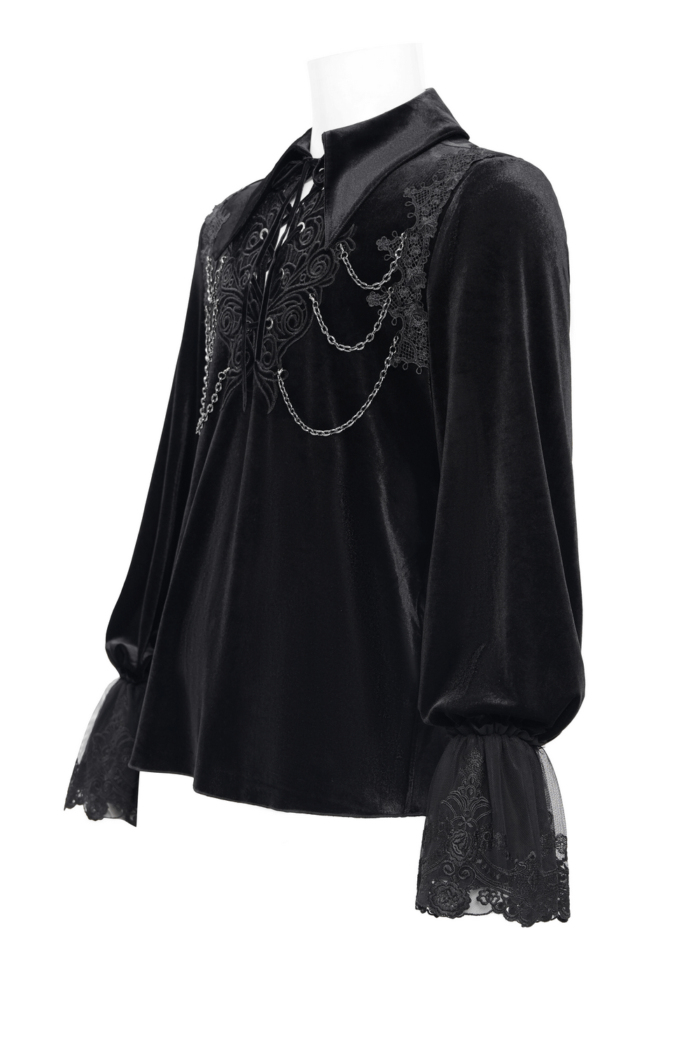 Gothic Black Velvet Shirt with Lace and Chain Details