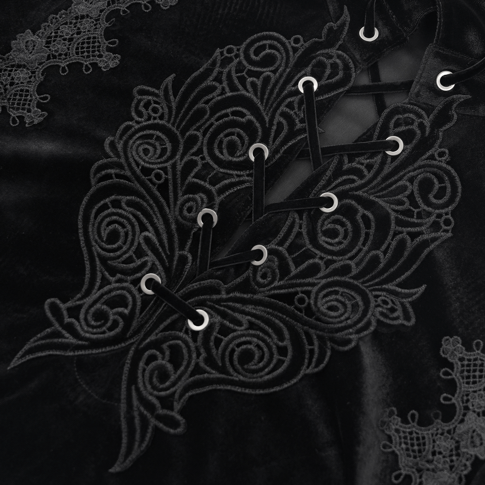 Gothic Black Velvet Shirt with Lace and Chain Details