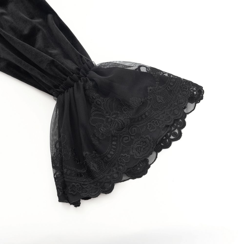 Gothic Black Velvet Shirt with Lace and Chain Details