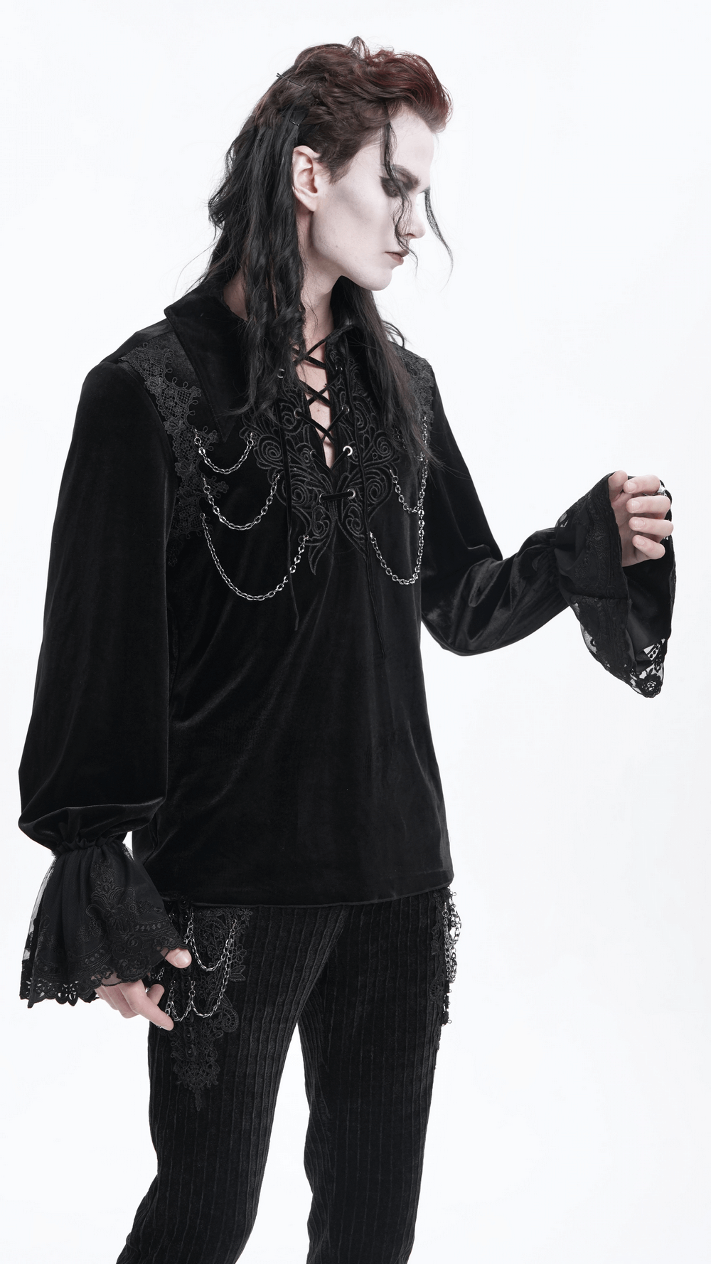 Gothic Black Velvet Shirt with Lace and Chain Details