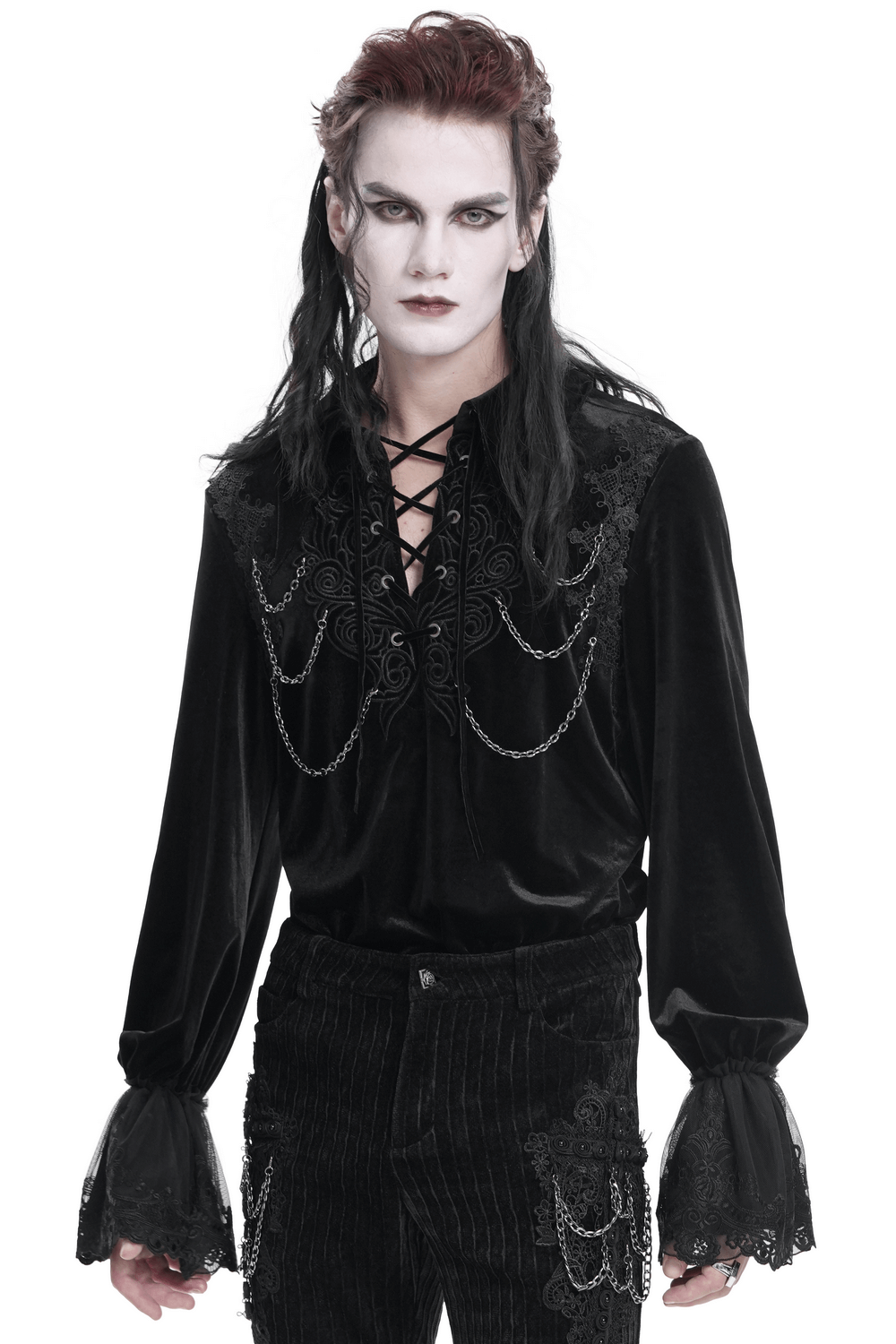 Gothic Black Velvet Shirt with Lace and Chain Details