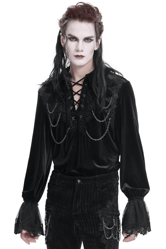 Gothic Black Velvet Shirt with Lace and Chain Details