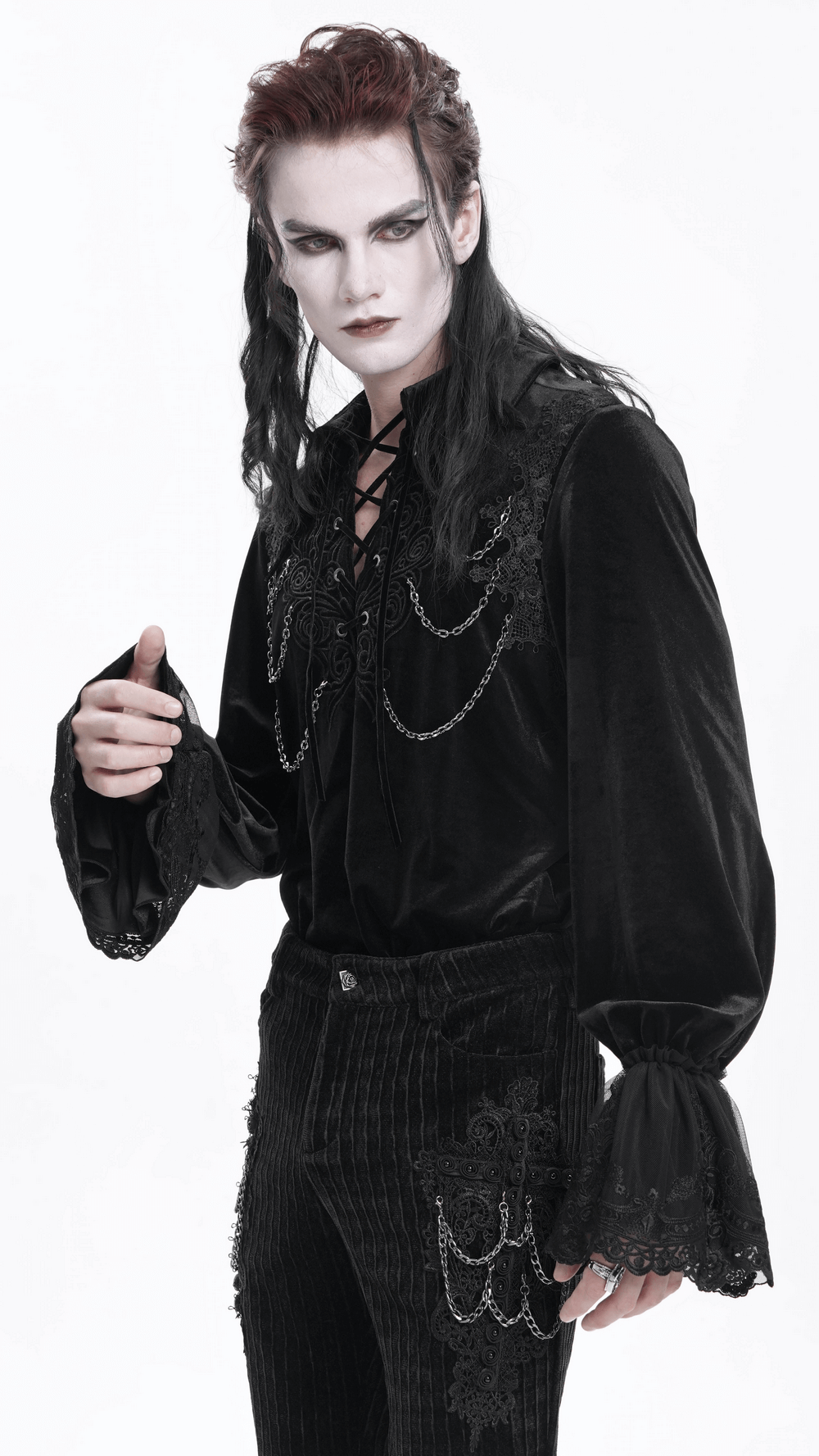 Gothic Black Velvet Shirt with Lace and Chain Details
