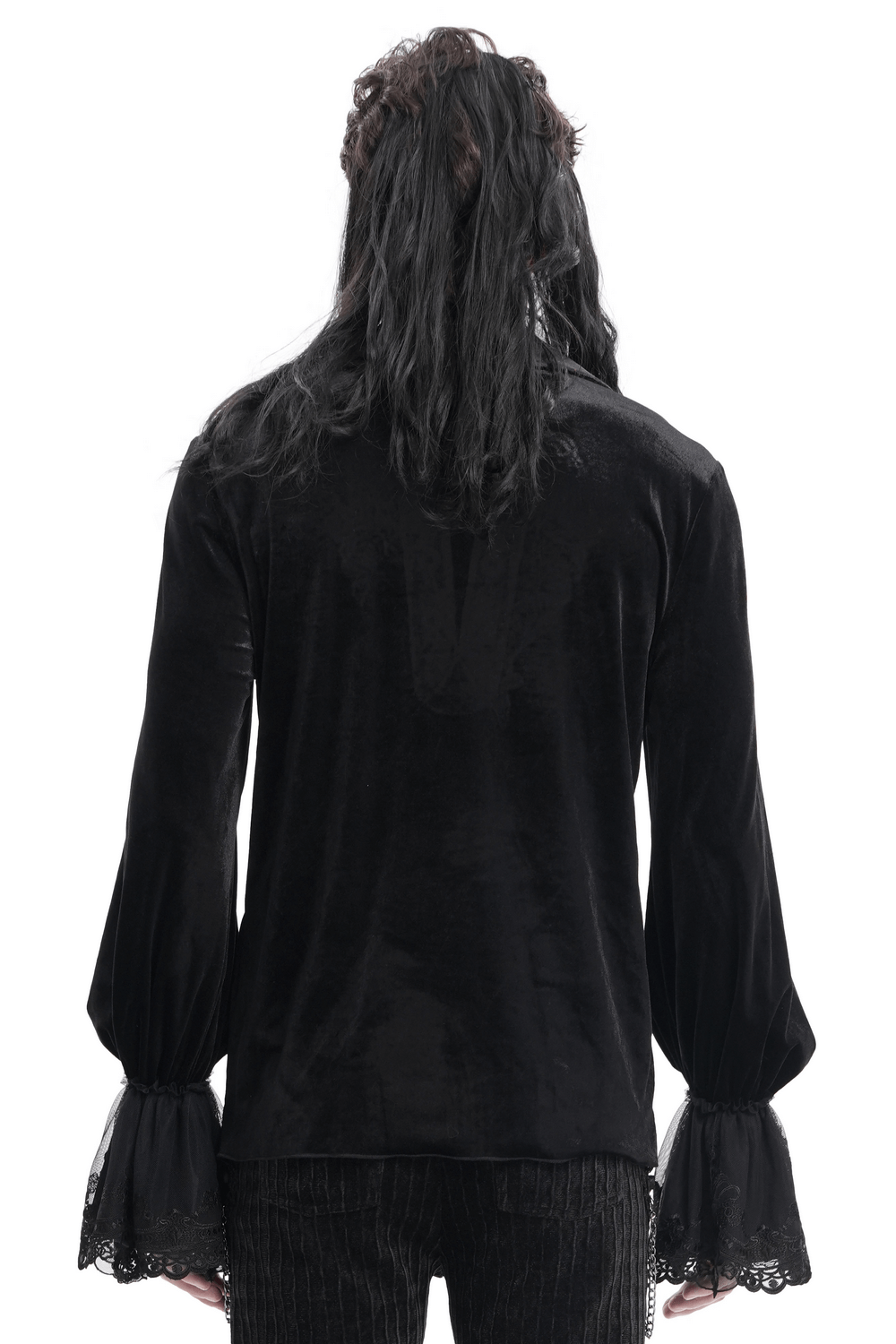 Gothic Black Velvet Shirt with Lace and Chain Details