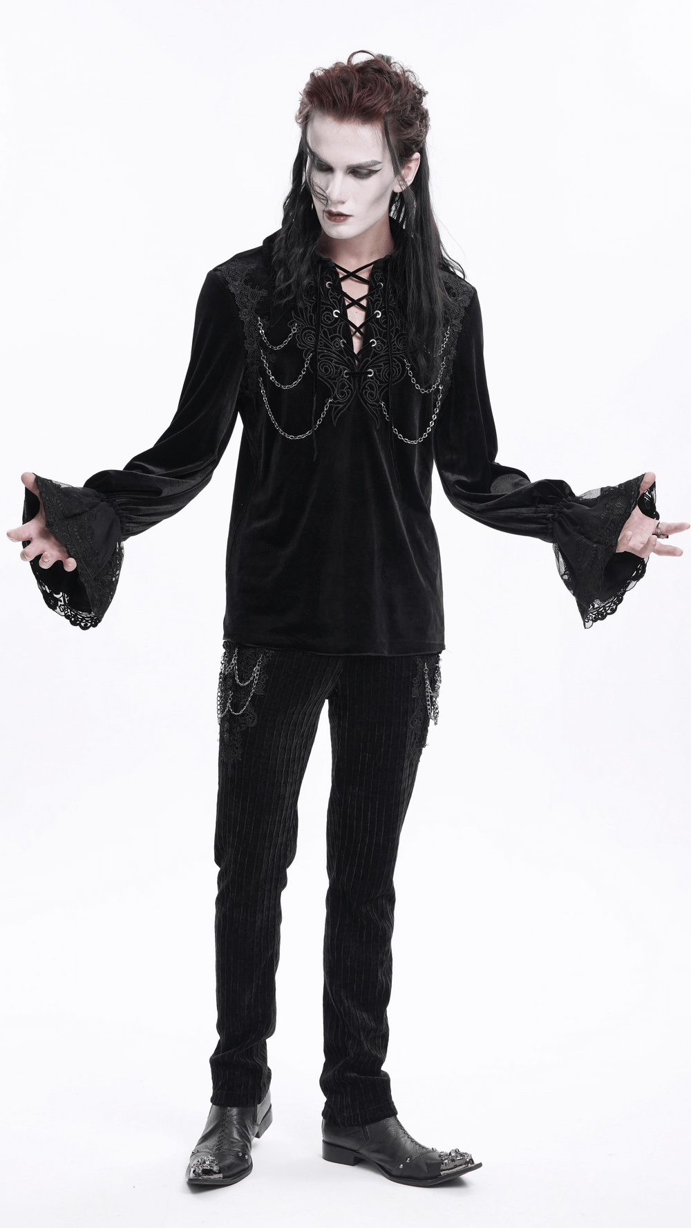Gothic Black Velvet Shirt with Lace and Chain Details
