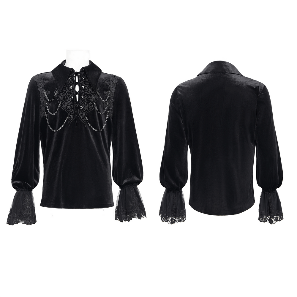 Gothic Black Velvet Shirt with Lace and Chain Details