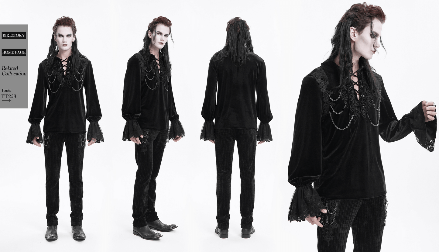 Gothic Black Velvet Shirt with Lace and Chain Details