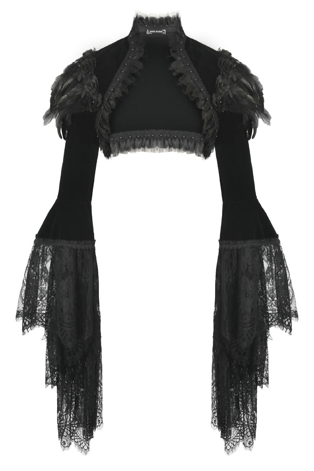 Gothic Black Velvet Shrug with Lace and Feather Trim