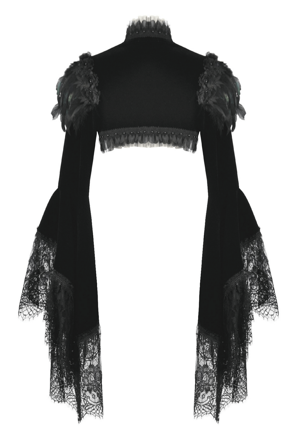 Gothic Black Velvet Shrug with Lace and Feather Trim