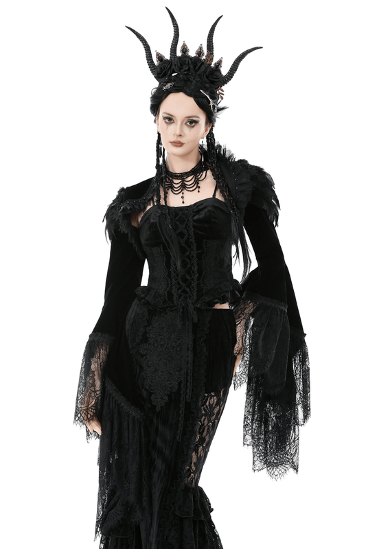 Gothic Black Velvet Shrug with Lace and Feather Trim