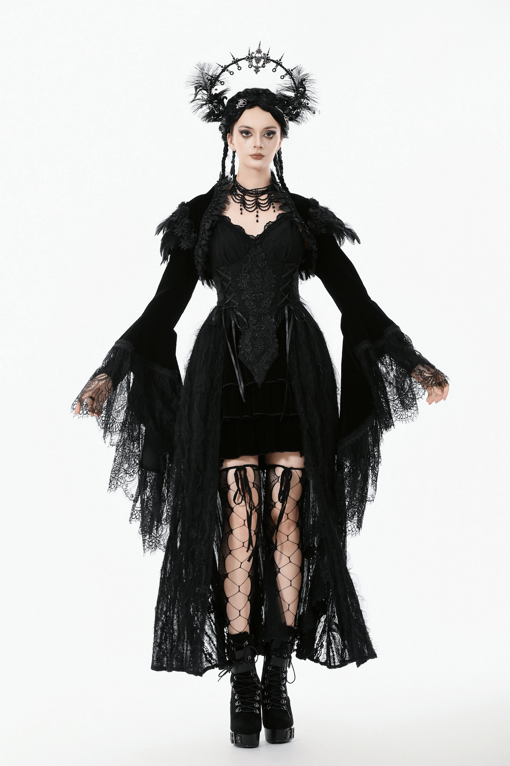 Gothic Black Velvet Shrug with Lace and Feather Trim