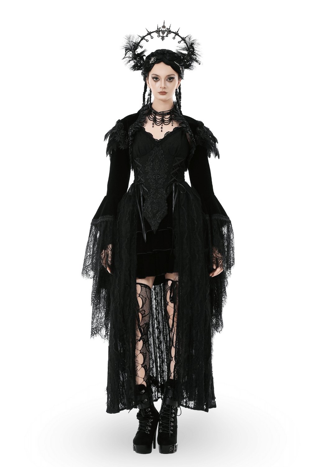 Gothic Black Velvet Shrug with Lace and Feather Trim