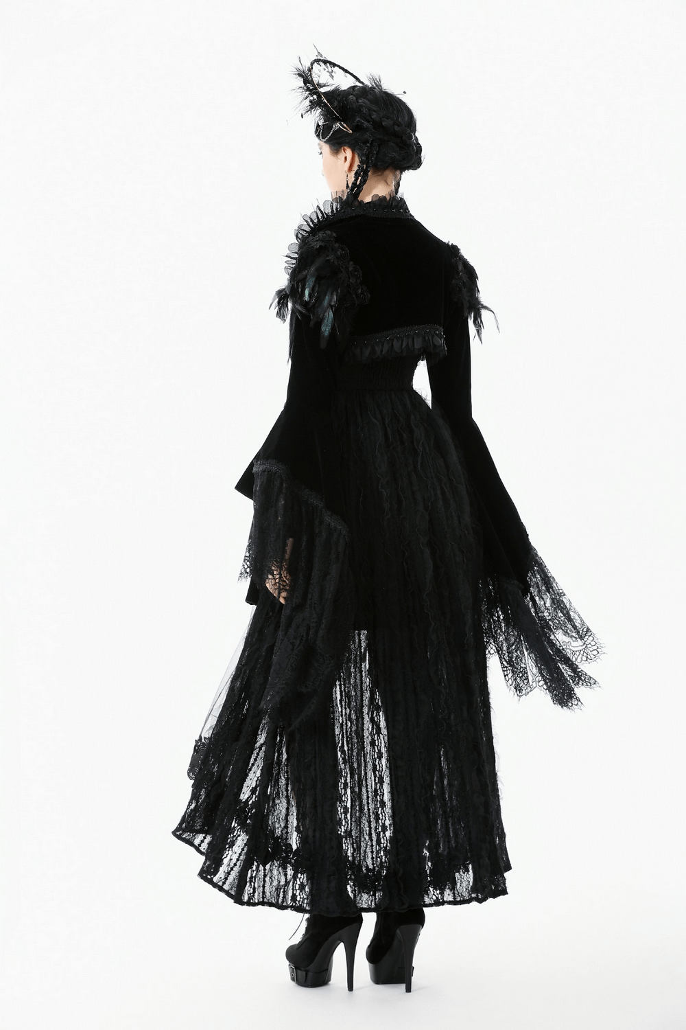 Gothic Black Velvet Shrug with Lace and Feather Trim