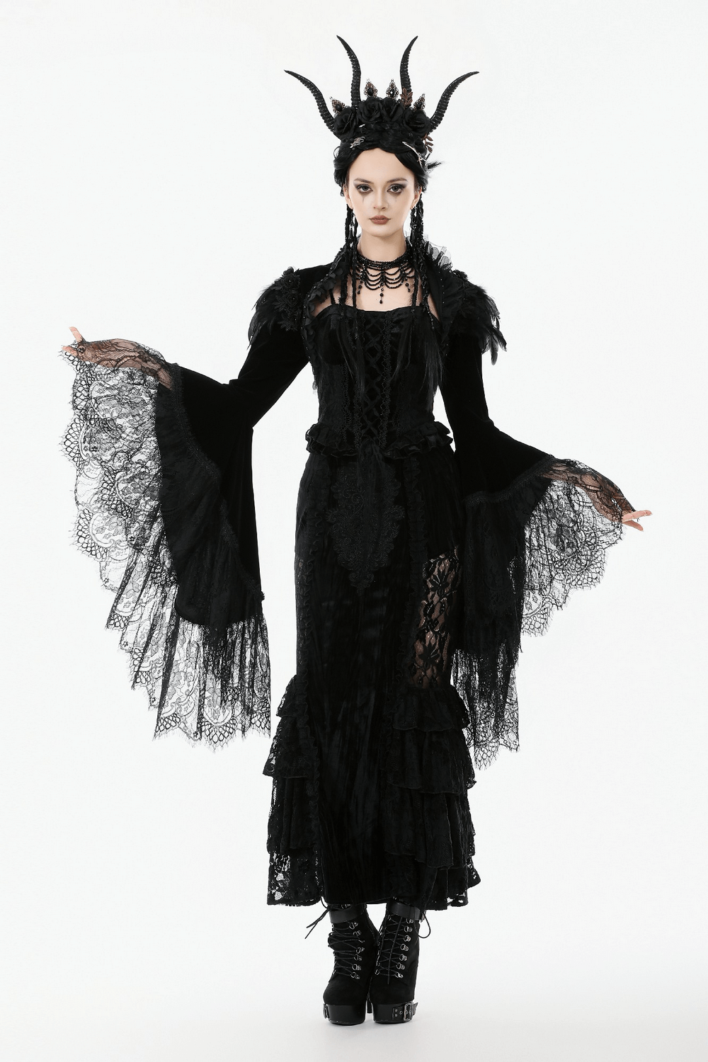 Gothic Black Velvet Shrug with Lace and Feather Trim