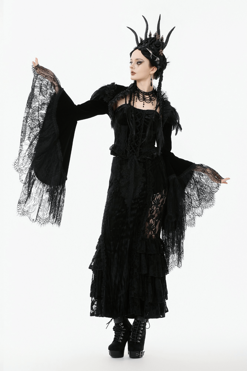 Gothic Black Velvet Shrug with Lace and Feather Trim