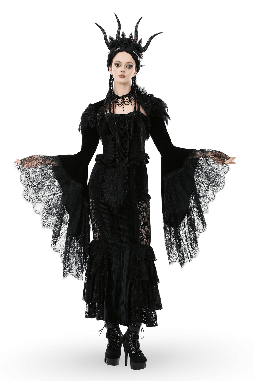 Gothic Black Velvet Shrug with Lace and Feather Trim