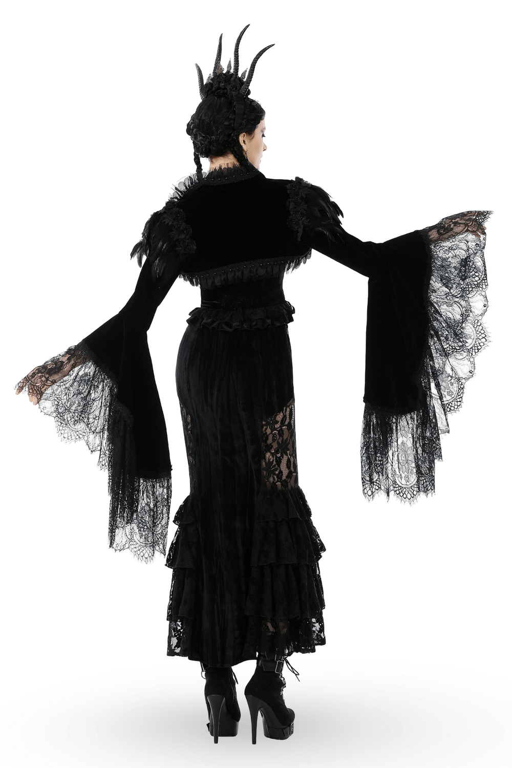 Gothic Black Velvet Shrug with Lace and Feather Trim