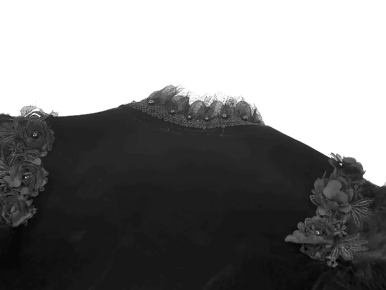 Gothic Black Velvet Shrug with Lace and Feather Trim