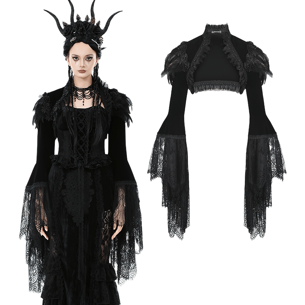 Gothic Black Velvet Shrug with Lace and Feather Trim