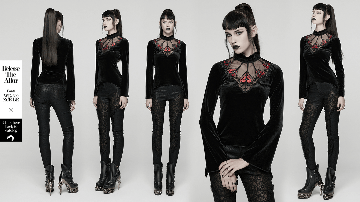 Gothic Black Velvet Top with Lace and Red Heart Detail