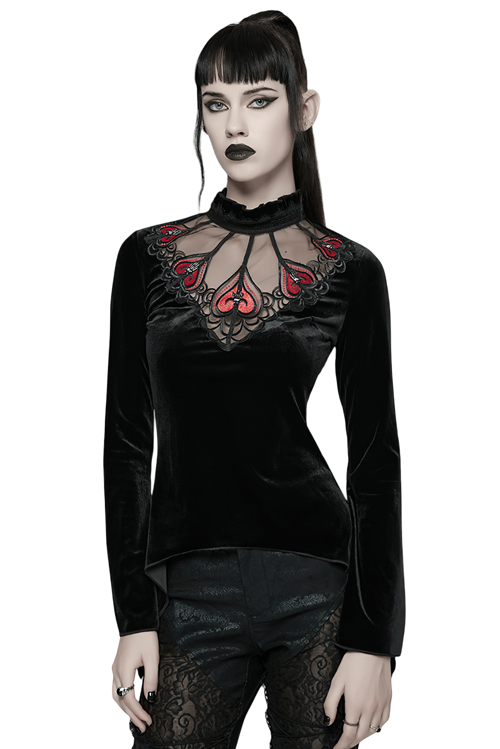 Gothic Black Velvet Top with Lace and Red Heart Detail