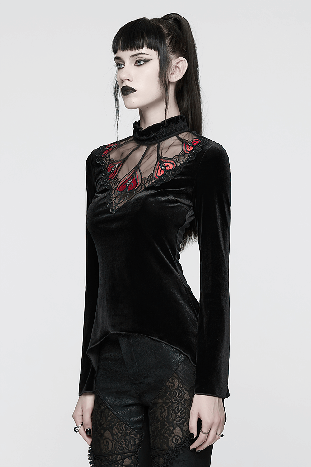 Gothic Black Velvet Top with Lace and Red Heart Detail