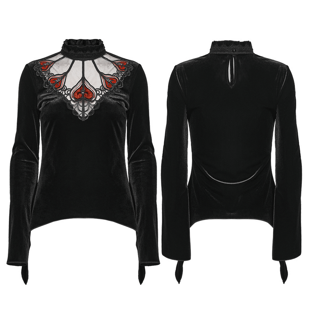 Gothic Black Velvet Top with Lace and Red Heart Detail
