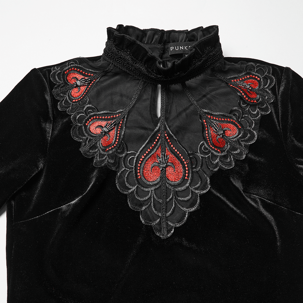 Gothic Black Velvet Top with Lace and Red Heart Detail