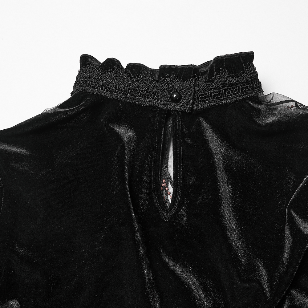 Gothic Black Velvet Top with Lace and Red Heart Detail