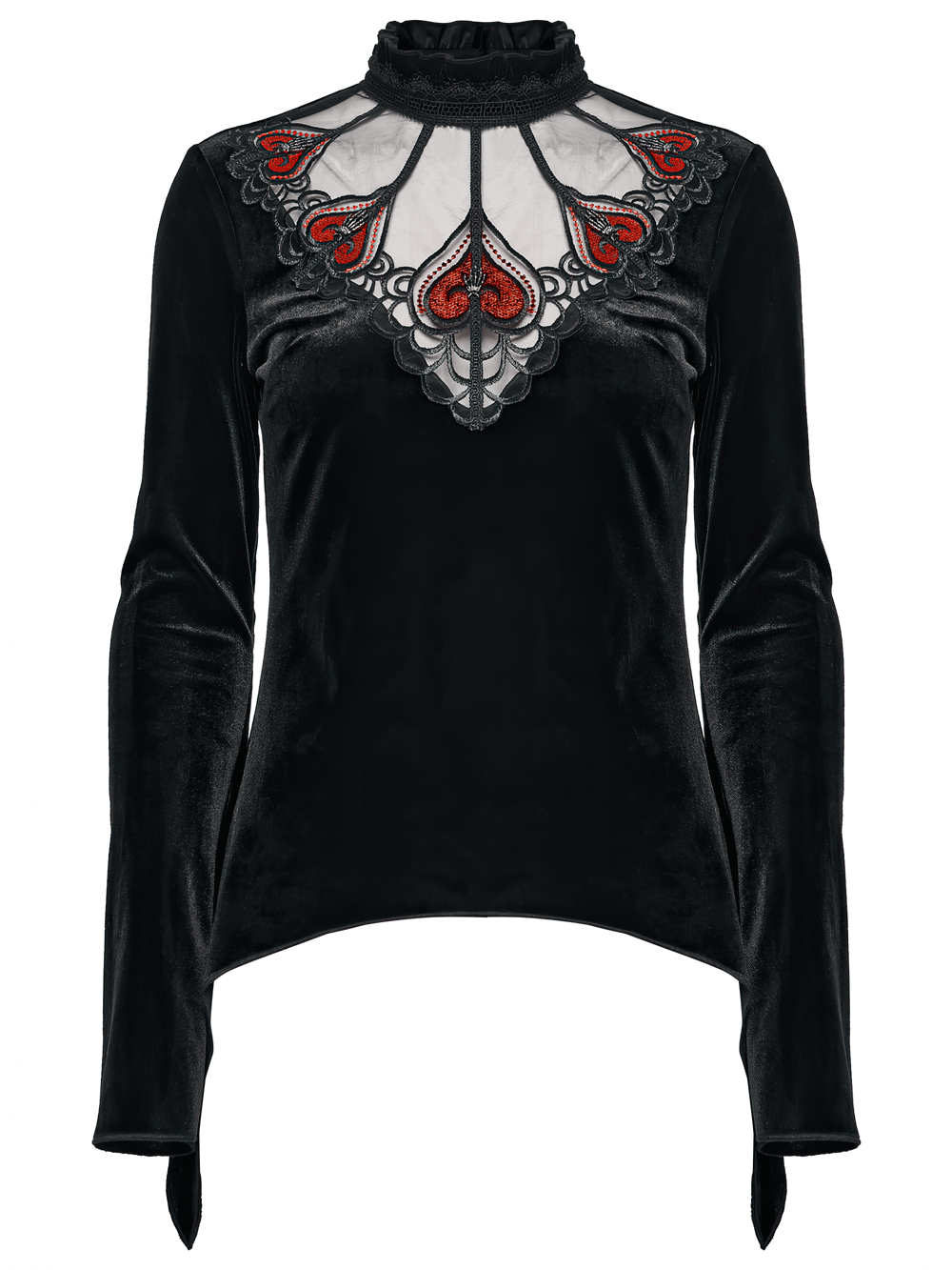 Gothic Black Velvet Top with Lace and Red Heart Detail