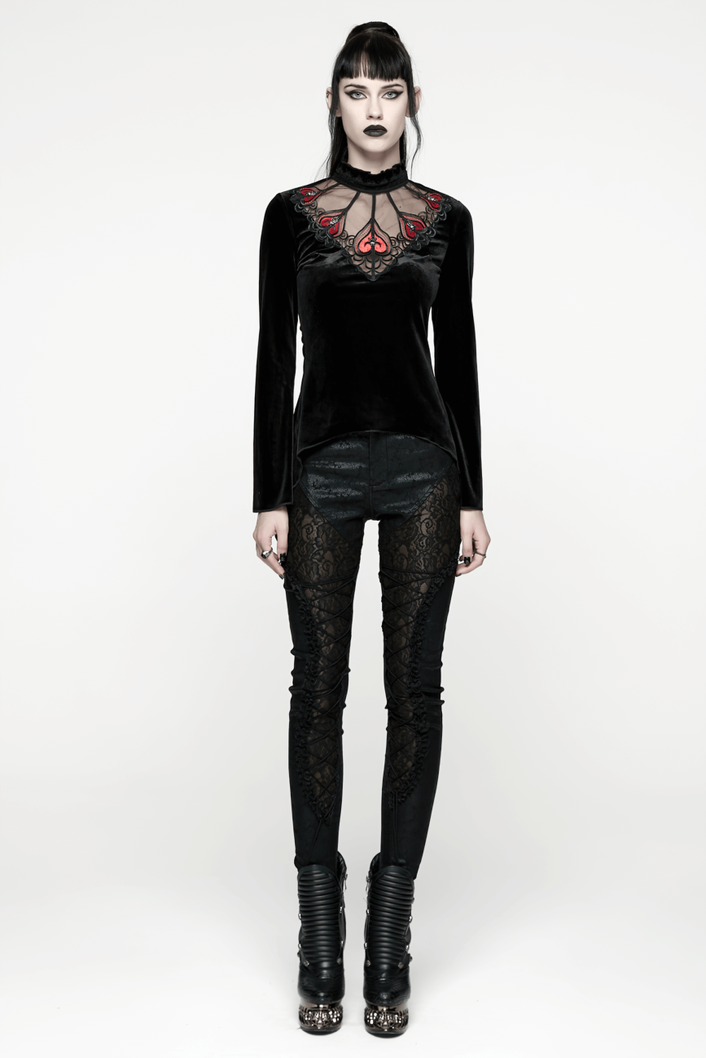 Gothic Black Velvet Top with Lace and Red Heart Detail