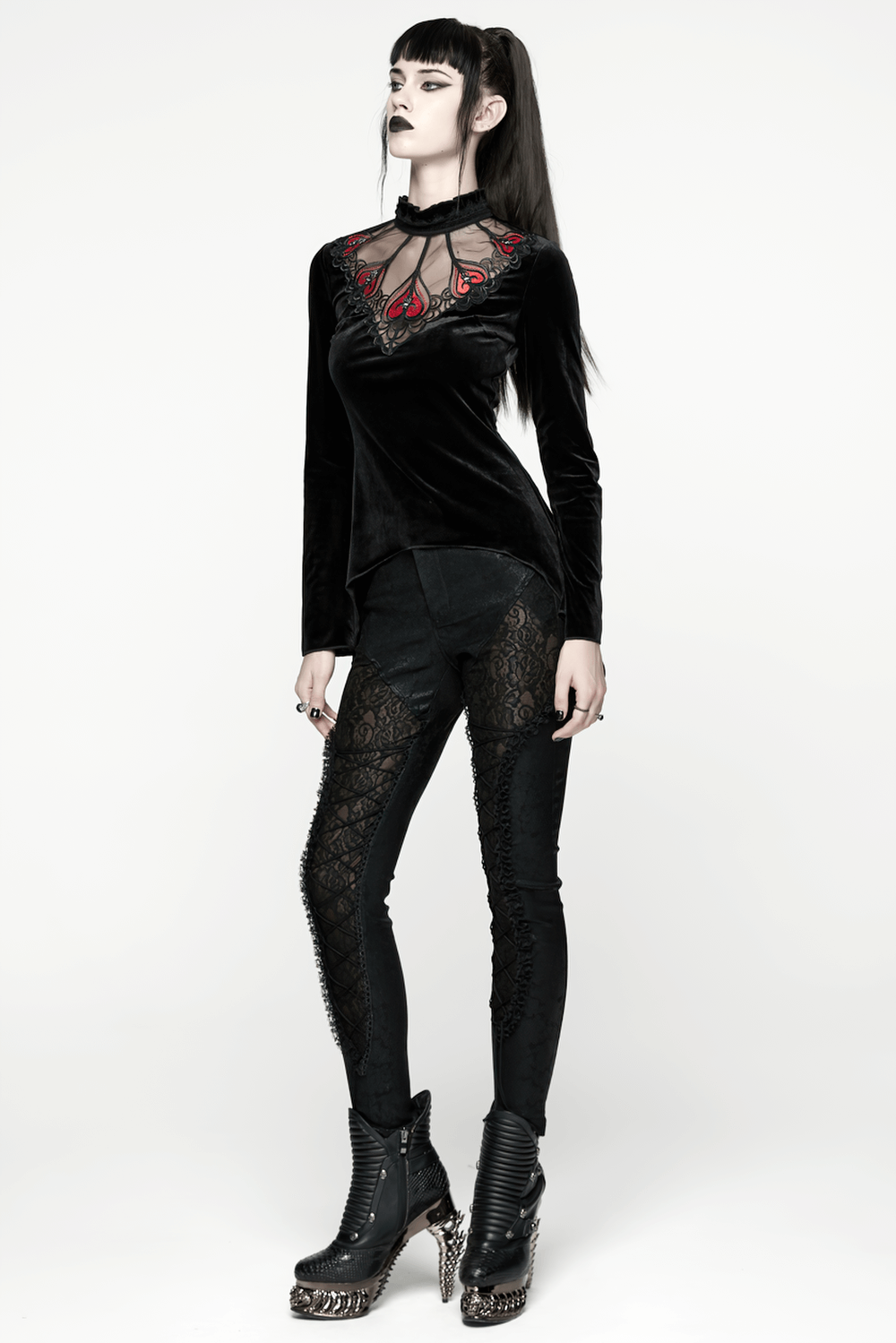 Gothic Black Velvet Top with Lace and Red Heart Detail